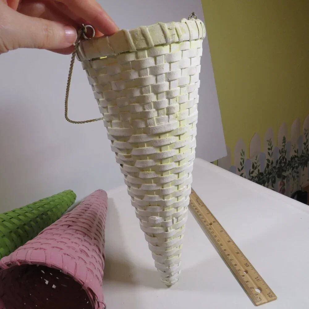 Hanging (3) Cone Woven Baskets with handles for Floral Wall Decor